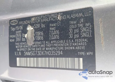 2007 Hyundai Santa Fe Gls z USA, uszkodzony, nr VIN 5NMSG73DX7H035294